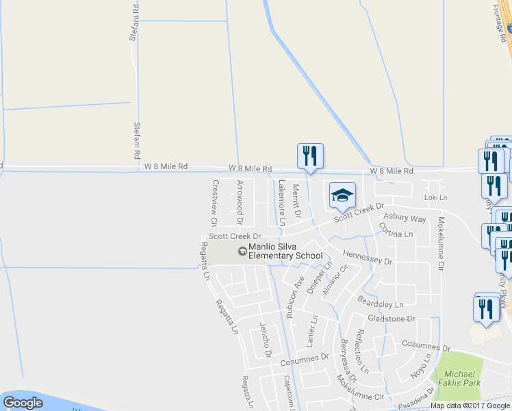 map of restaurants, bars, coffee shops, grocery stores, and more near 6307 Crestview Circle in Stockton