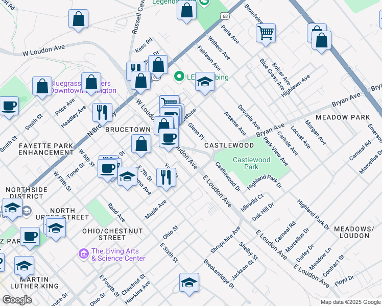 map of restaurants, bars, coffee shops, grocery stores, and more near 171 East Loudon Avenue in Lexington
