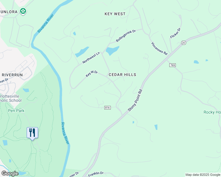 map of restaurants, bars, coffee shops, grocery stores, and more near 108 Key West Drive in Charlottesville