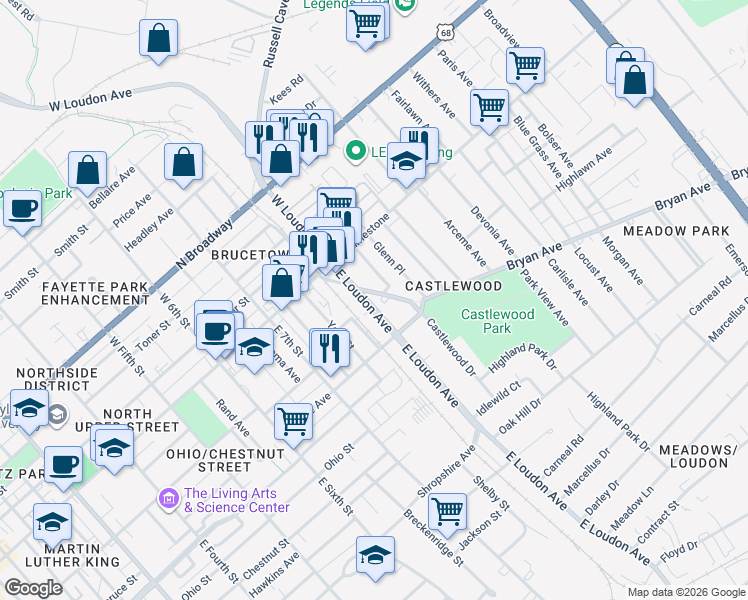 map of restaurants, bars, coffee shops, grocery stores, and more near 163 East Loudon Avenue in Lexington
