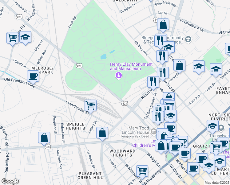 map of restaurants, bars, coffee shops, grocery stores, and more near 833 West Main Street in Lexington
