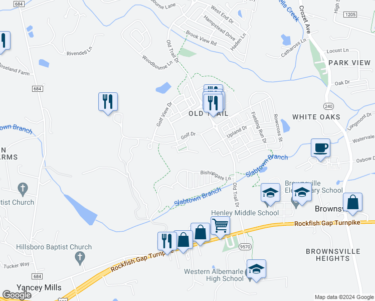 map of restaurants, bars, coffee shops, grocery stores, and more near 321 Avondale Lane in Crozet
