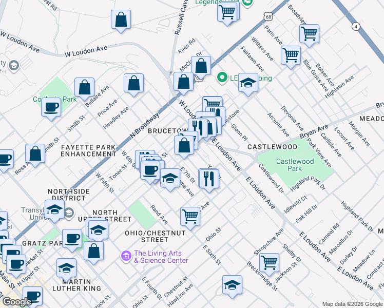 map of restaurants, bars, coffee shops, grocery stores, and more near 748 North Limestone in Lexington