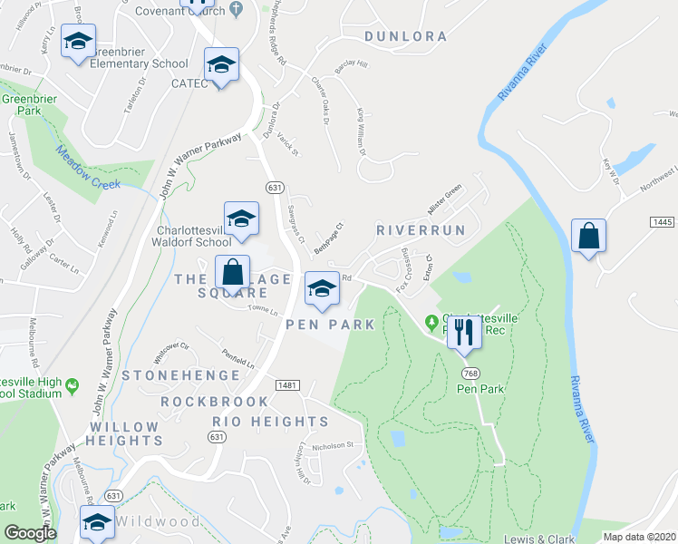 map of restaurants, bars, coffee shops, grocery stores, and more near 1217 Chatham Ridge in Charlottesville