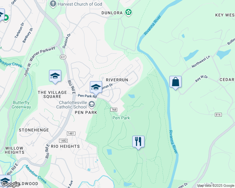 map of restaurants, bars, coffee shops, grocery stores, and more near 732 Exton Court in Charlottesville