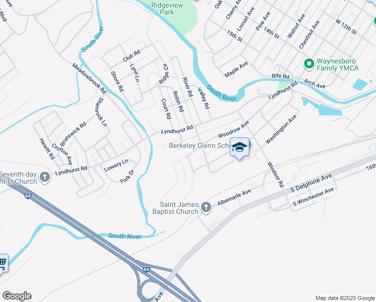 map of restaurants, bars, coffee shops, grocery stores, and more near 1125 Woodrow Avenue in Waynesboro