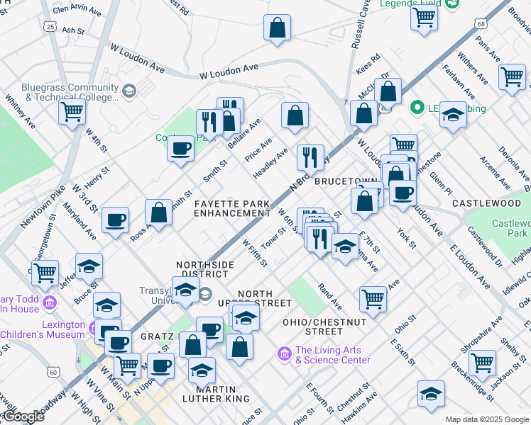 map of restaurants, bars, coffee shops, grocery stores, and more near in Lexington