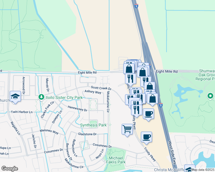 map of restaurants, bars, coffee shops, grocery stores, and more near 5230 Loki Lane in Stockton