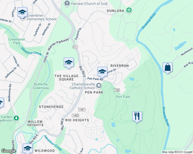 map of restaurants, bars, coffee shops, grocery stores, and more near 1217 Chatham Ridge in Charlottesville