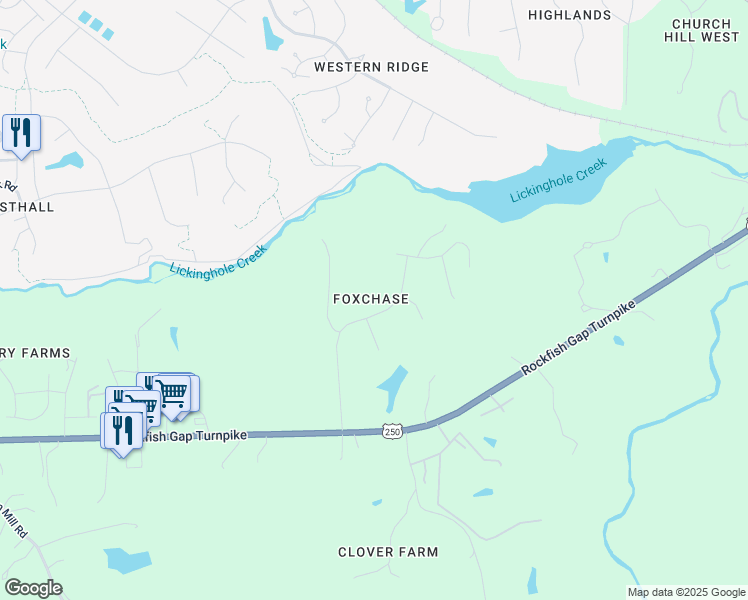 map of restaurants, bars, coffee shops, grocery stores, and more near 525 Foxdale Lane in Charlottesville