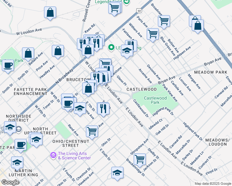 map of restaurants, bars, coffee shops, grocery stores, and more near 811 Bryan Avenue in Lexington