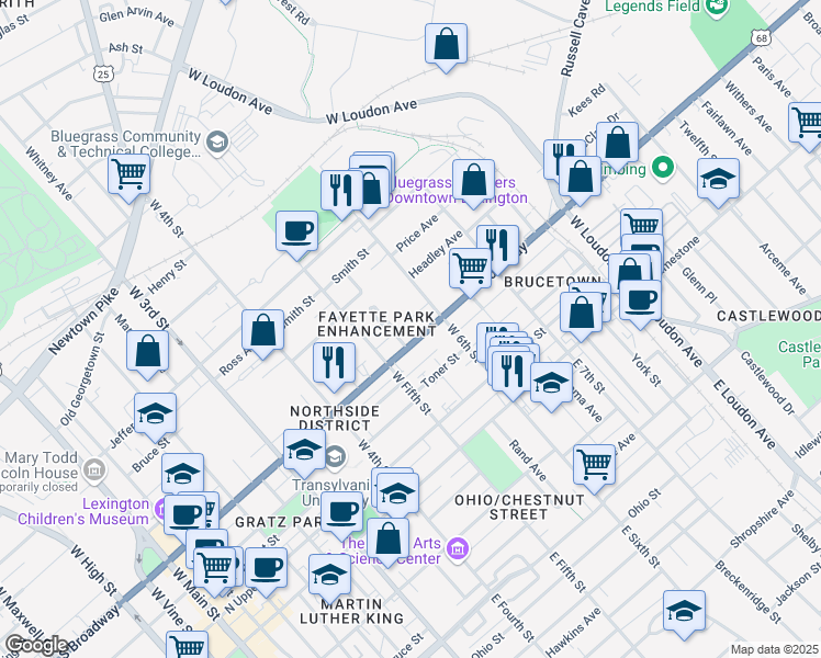 map of restaurants, bars, coffee shops, grocery stores, and more near 417 Fayette Park in Lexington