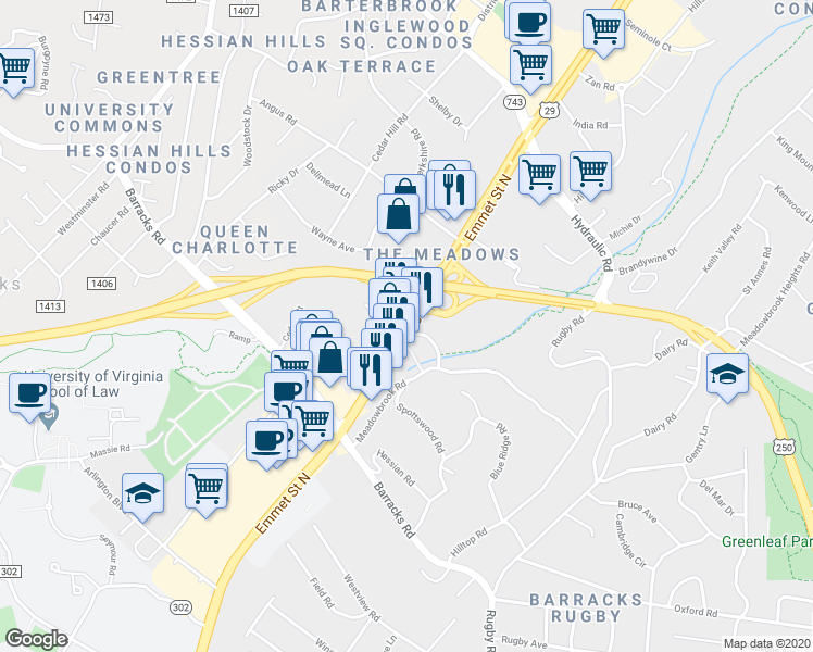map of restaurants, bars, coffee shops, grocery stores, and more near 1411 Emmet Street North in Charlottesville