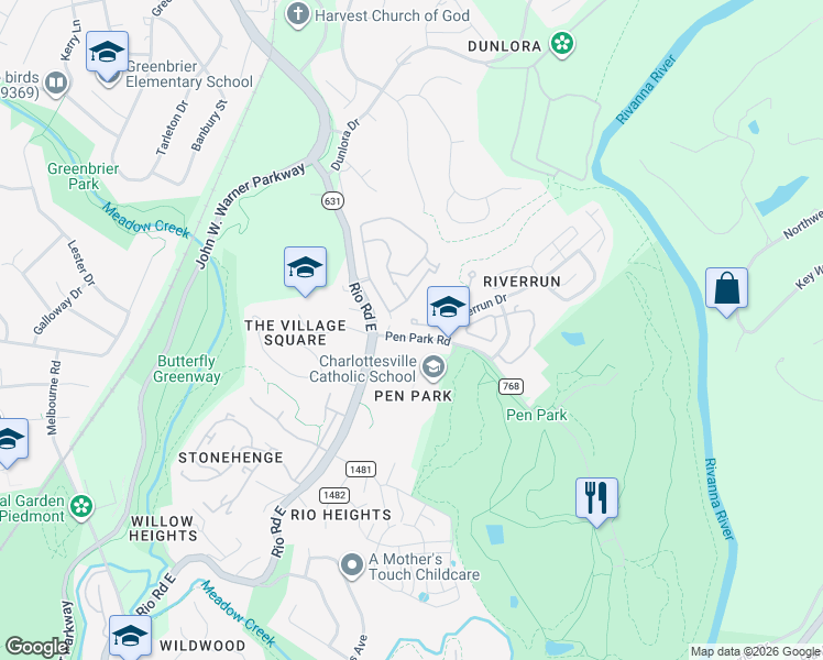 map of restaurants, bars, coffee shops, grocery stores, and more near 1200 Chatham Ridge in Charlottesville