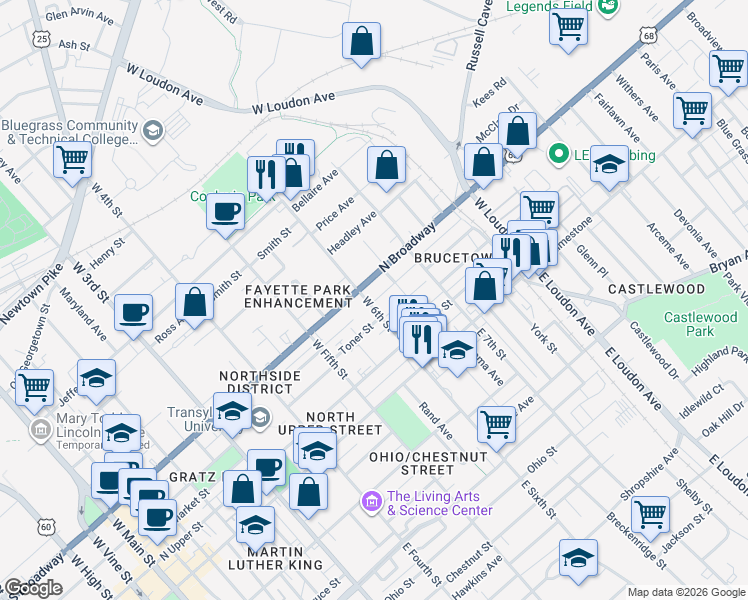 map of restaurants, bars, coffee shops, grocery stores, and more near in Lexington