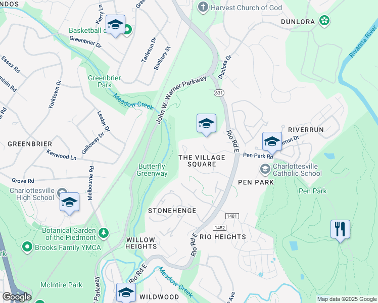 map of restaurants, bars, coffee shops, grocery stores, and more near 994 Towne Lane in Charlottesville
