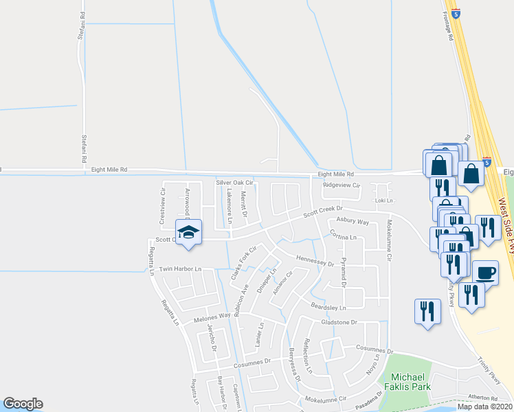 map of restaurants, bars, coffee shops, grocery stores, and more near 5898 Silver Oak Circle in Stockton