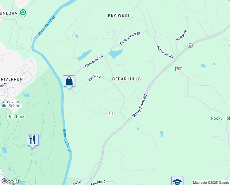 map of restaurants, bars, coffee shops, grocery stores, and more near 108 Key West Drive in Charlottesville