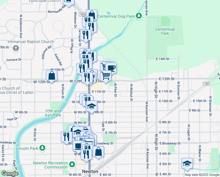 map of restaurants, bars, coffee shops, grocery stores, and more near 216 East 11th Street in Newton