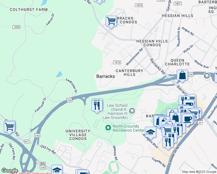 map of restaurants, bars, coffee shops, grocery stores, and more near 316 Westminster Road in Charlottesville