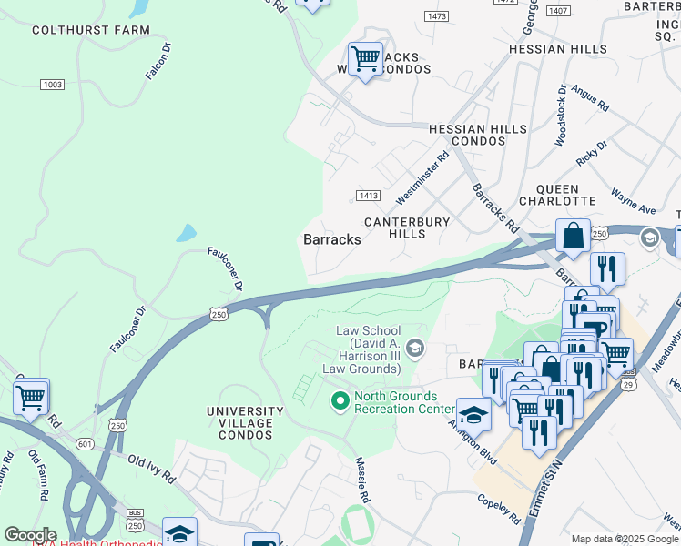 map of restaurants, bars, coffee shops, grocery stores, and more near 316 Westminster Road in Charlottesville