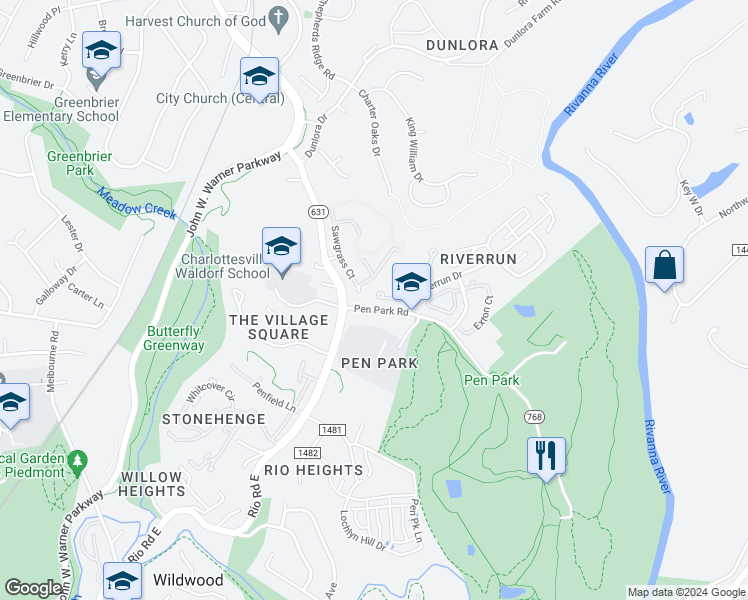 map of restaurants, bars, coffee shops, grocery stores, and more near 1203 Chatham Ridge in Charlottesville