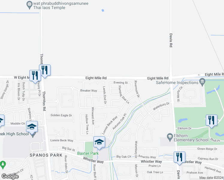 map of restaurants, bars, coffee shops, grocery stores, and more near 2150 Saddlebrook Street in Stockton