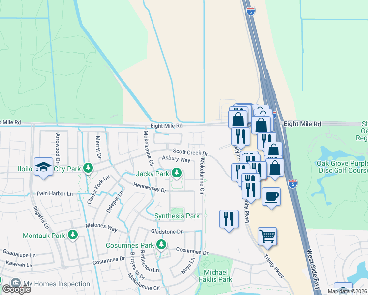 map of restaurants, bars, coffee shops, grocery stores, and more near 5257 Loki Lane in Stockton