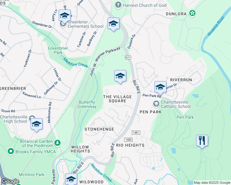 map of restaurants, bars, coffee shops, grocery stores, and more near 695 Victorian Court in Charlottesville