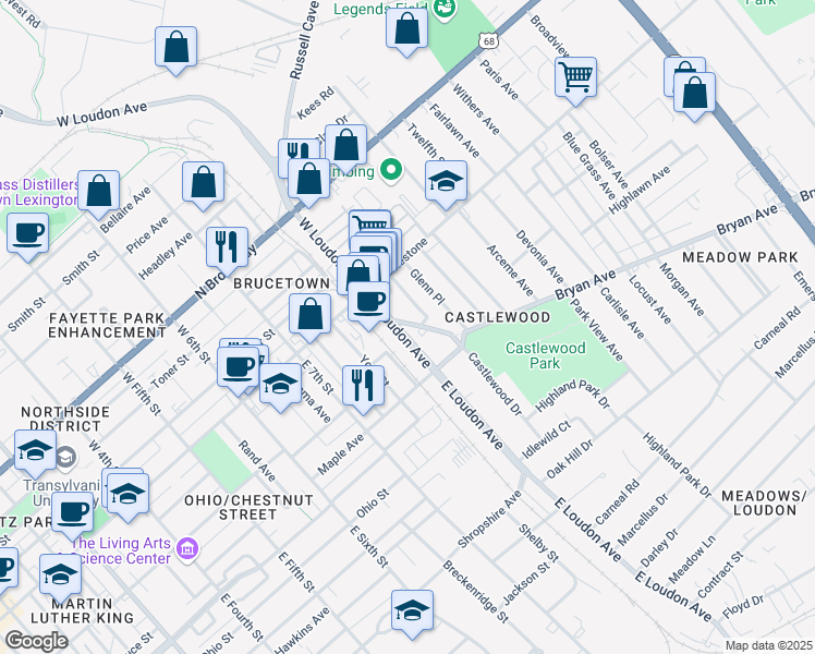map of restaurants, bars, coffee shops, grocery stores, and more near 159 East Loudon Avenue in Lexington