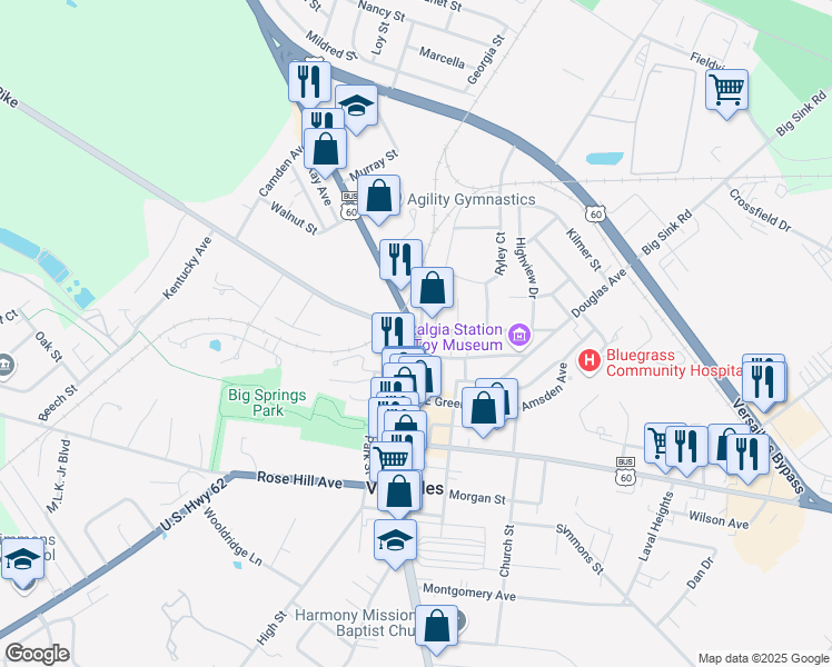map of restaurants, bars, coffee shops, grocery stores, and more near 239 North Main Street in Versailles