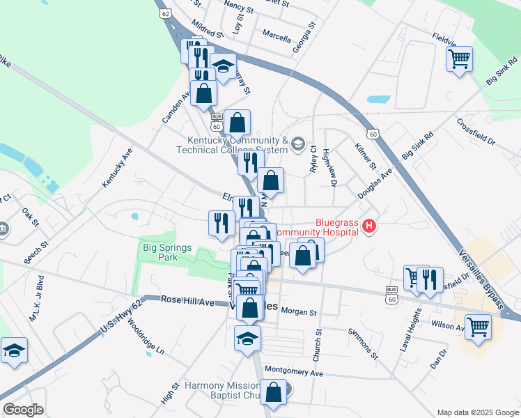 map of restaurants, bars, coffee shops, grocery stores, and more near 239 North Main Street in Versailles