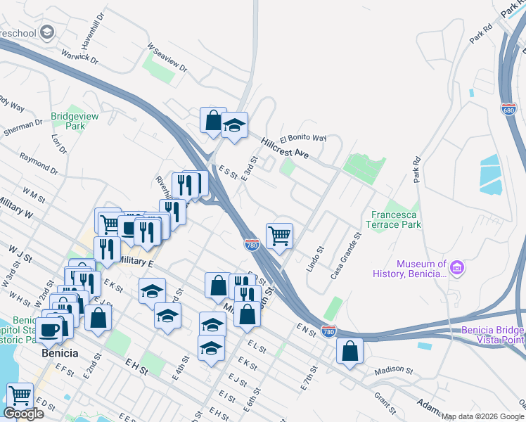 map of restaurants, bars, coffee shops, grocery stores, and more near 336 Viewmont Street in Benicia