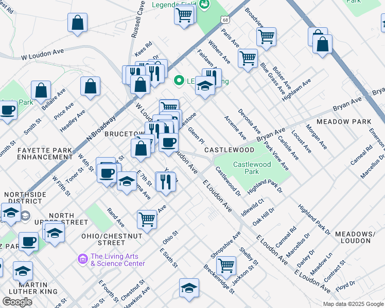 map of restaurants, bars, coffee shops, grocery stores, and more near 830 Bryan Avenue in Lexington