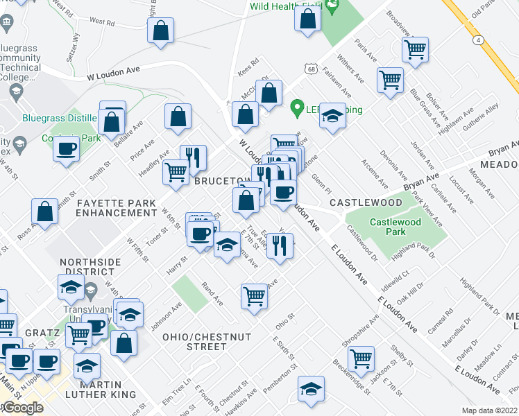 map of restaurants, bars, coffee shops, grocery stores, and more near 748 North Limestone in Lexington