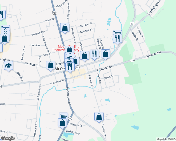 map of restaurants, bars, coffee shops, grocery stores, and more near 101 South Queen Street in Mount Sterling