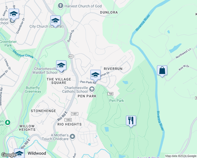 map of restaurants, bars, coffee shops, grocery stores, and more near 704 Merion Greene in Charlottesville