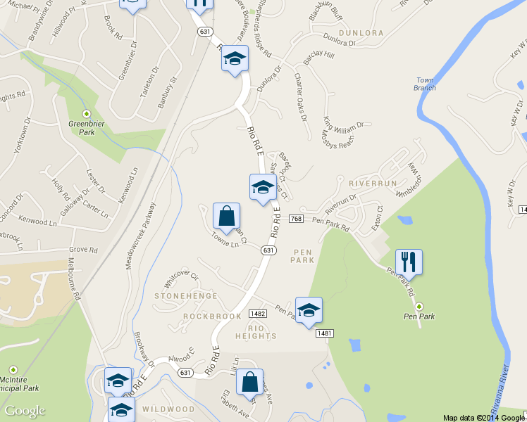 map of restaurants, bars, coffee shops, grocery stores, and more near 738 Rio Road East in Charlottesville