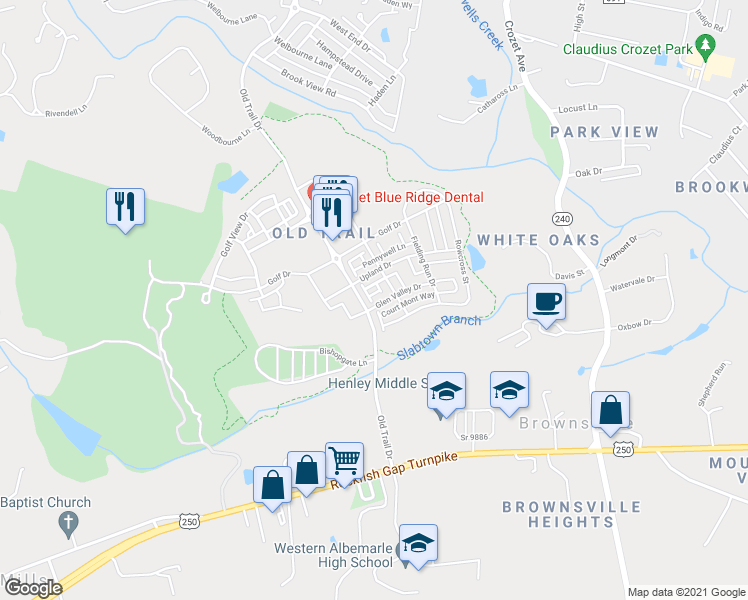 map of restaurants, bars, coffee shops, grocery stores, and more near 3015 Glen Valley Drive in Crozet