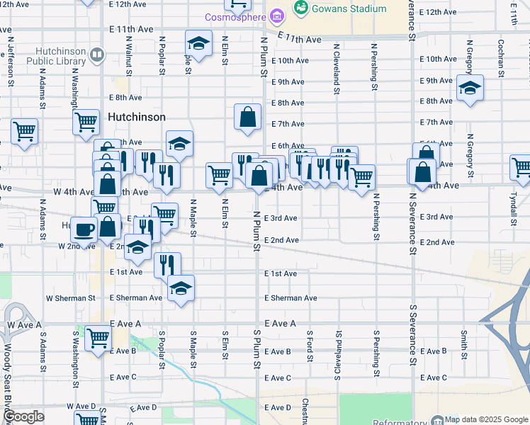 map of restaurants, bars, coffee shops, grocery stores, and more near 506 East 3rd Avenue in Hutchinson