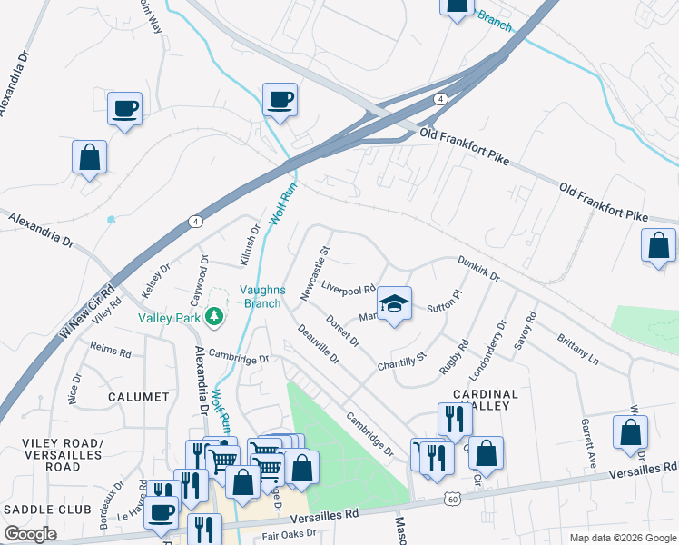 map of restaurants, bars, coffee shops, grocery stores, and more near 212 Newcastle Court in Lexington