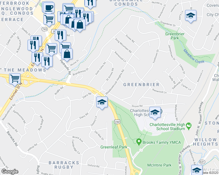 map of restaurants, bars, coffee shops, grocery stores, and more near 1616 Saint Annes Road in Charlottesville