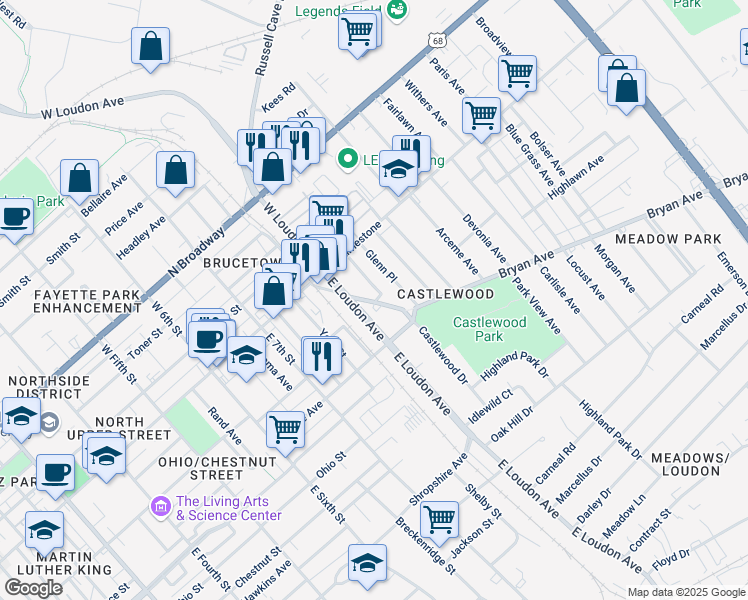 map of restaurants, bars, coffee shops, grocery stores, and more near 811 Bryan Avenue in Lexington