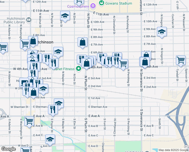 map of restaurants, bars, coffee shops, grocery stores, and more near 524 East 3rd Avenue in Hutchinson