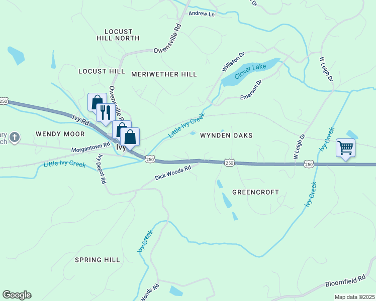 map of restaurants, bars, coffee shops, grocery stores, and more near 716 Pine Hill Lane in Charlottesville