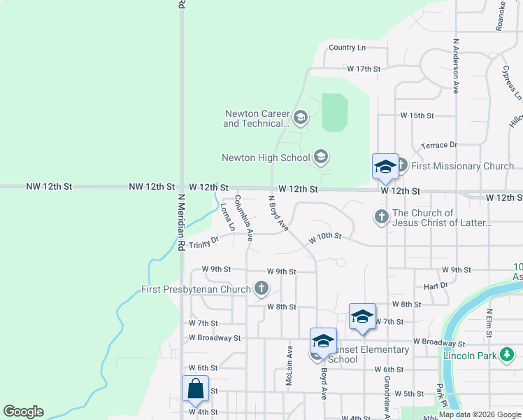 map of restaurants, bars, coffee shops, grocery stores, and more near 1217 Boyd Ave in Newton