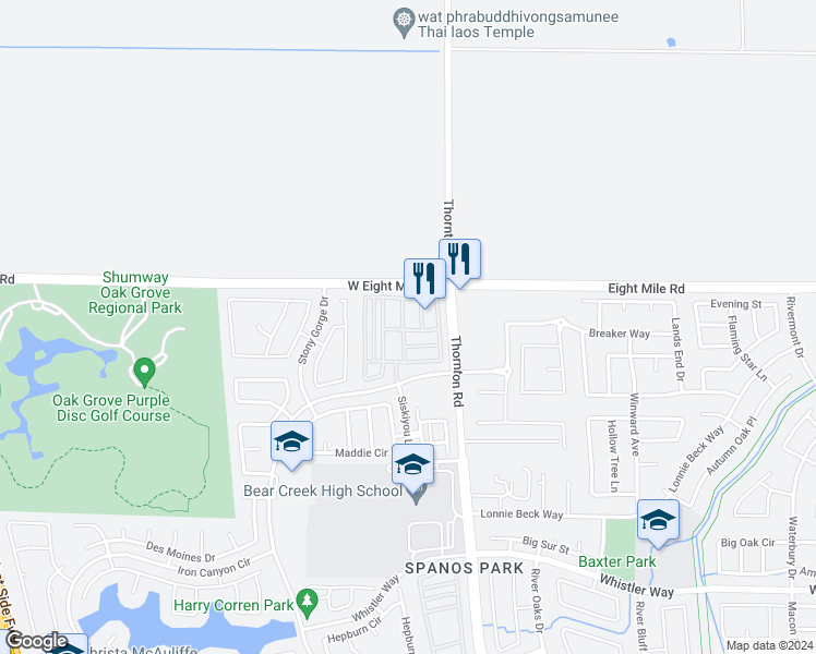 map of restaurants, bars, coffee shops, grocery stores, and more near 10908 Honeysuckle Way in Stockton