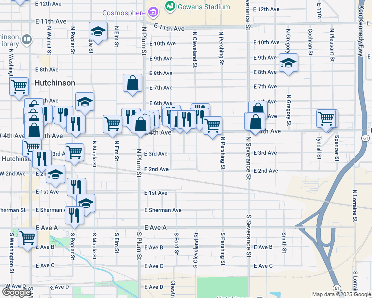 map of restaurants, bars, coffee shops, grocery stores, and more near 618 East 3rd Avenue in Hutchinson