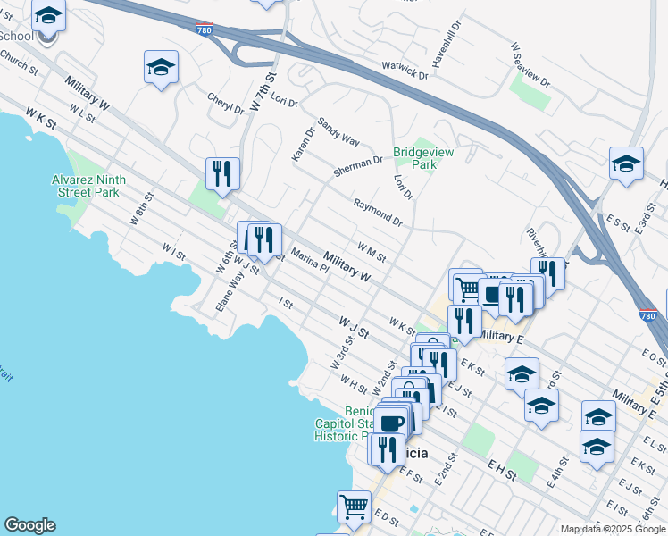 map of restaurants, bars, coffee shops, grocery stores, and more near 393 Marina Place in Benicia