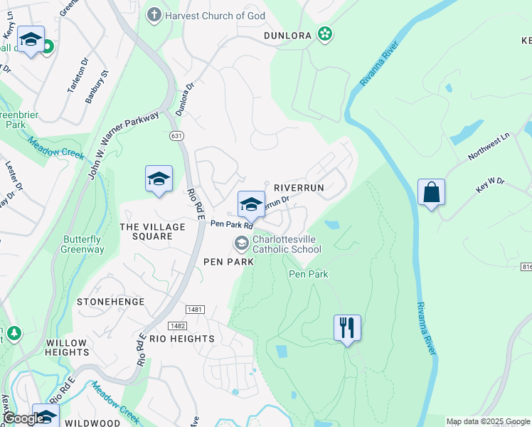 map of restaurants, bars, coffee shops, grocery stores, and more near 700 Merion Greene in Charlottesville